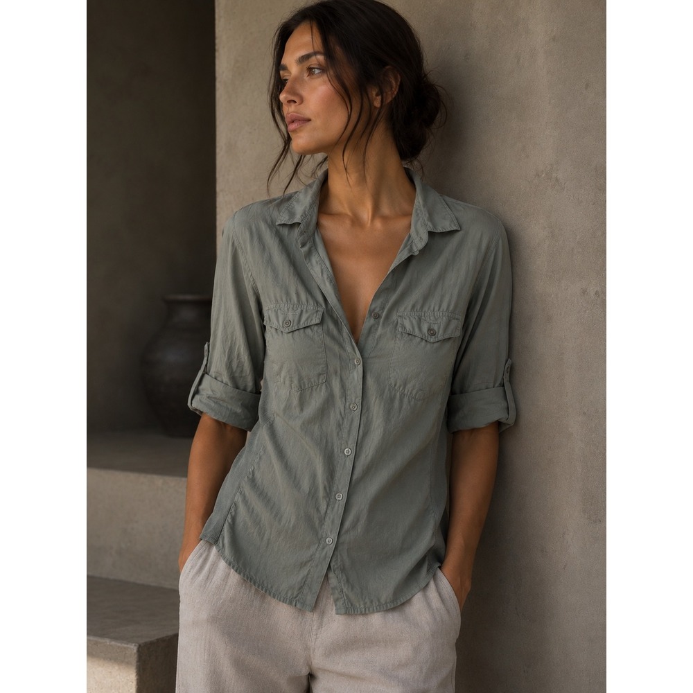 James Perse Button Up Shirt Womens XL Blue/Green Ribbed Panel Roll Tab
